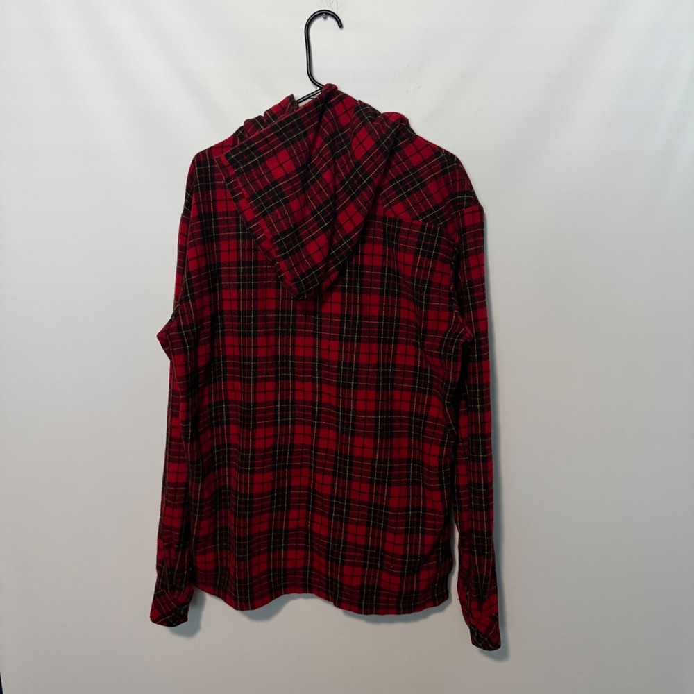 YoungLA Hooded Flannel Shirt Jacket Mens XL Red Black Plaid Shacket Hoodie - Picture 6 of 8